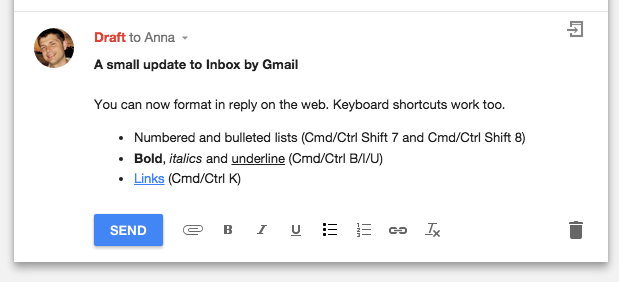 Neue Formatierungsoptionen für Inbox by Gmail