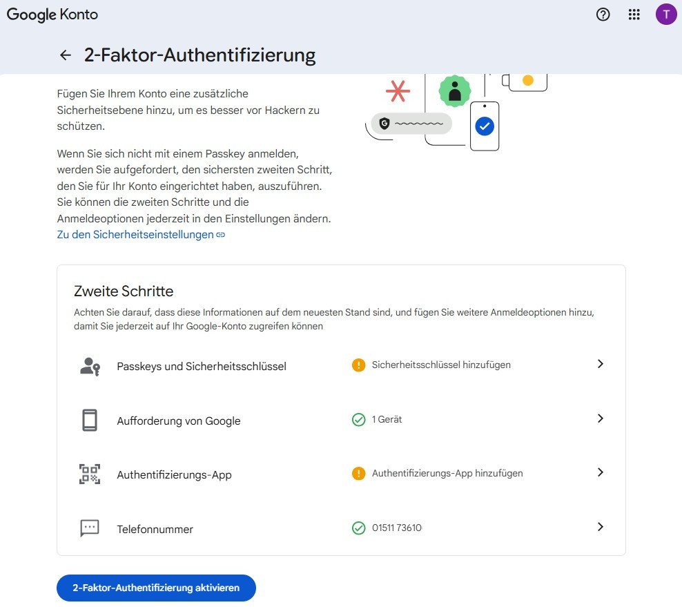 Google Konten mit 2 Faktor Authentifizierung schuetzen