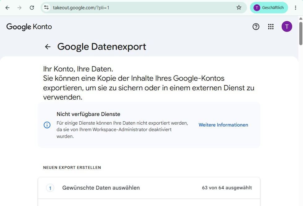 Google Takeout für Datenexport in Google Workspace
