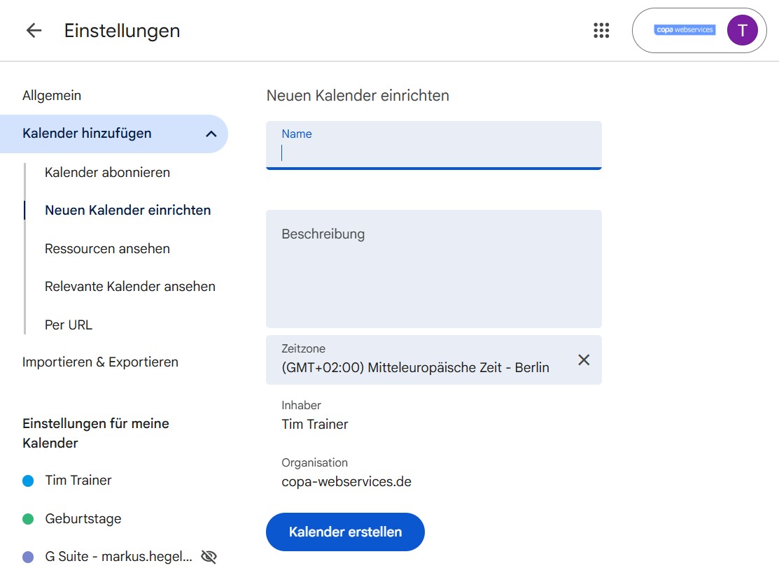 Google Kalender - Neuen Kalender erstellen