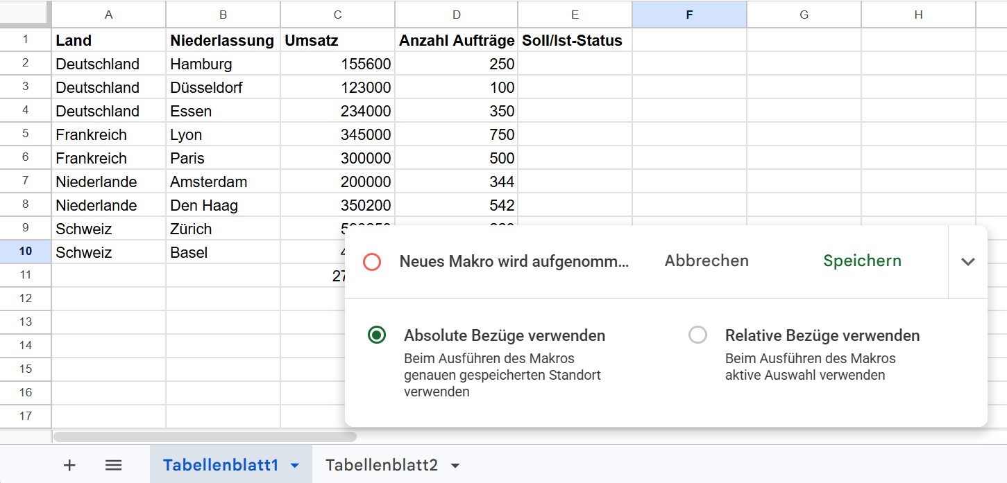 Makro-Rekorder in Google Tabellen